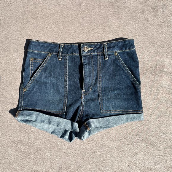 Free People - Lily Cuffed High Rise Shorts - High Waisted Dark Wash -  sz 27 - Picture 3 of 11